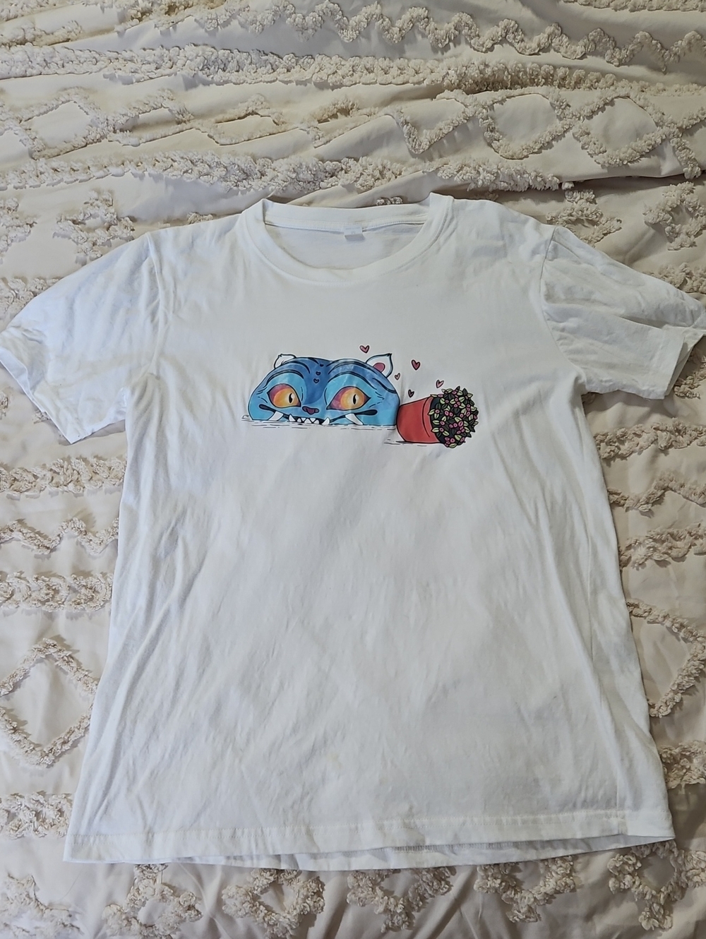 White Tee with Blue Cat and Flower Pot Graphic